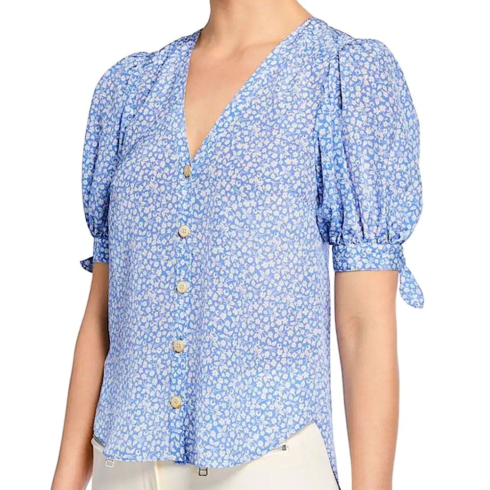 VERONICA BEARD Gizela Floral-Print Button-Front Puff- Sleeve Silk Blouse